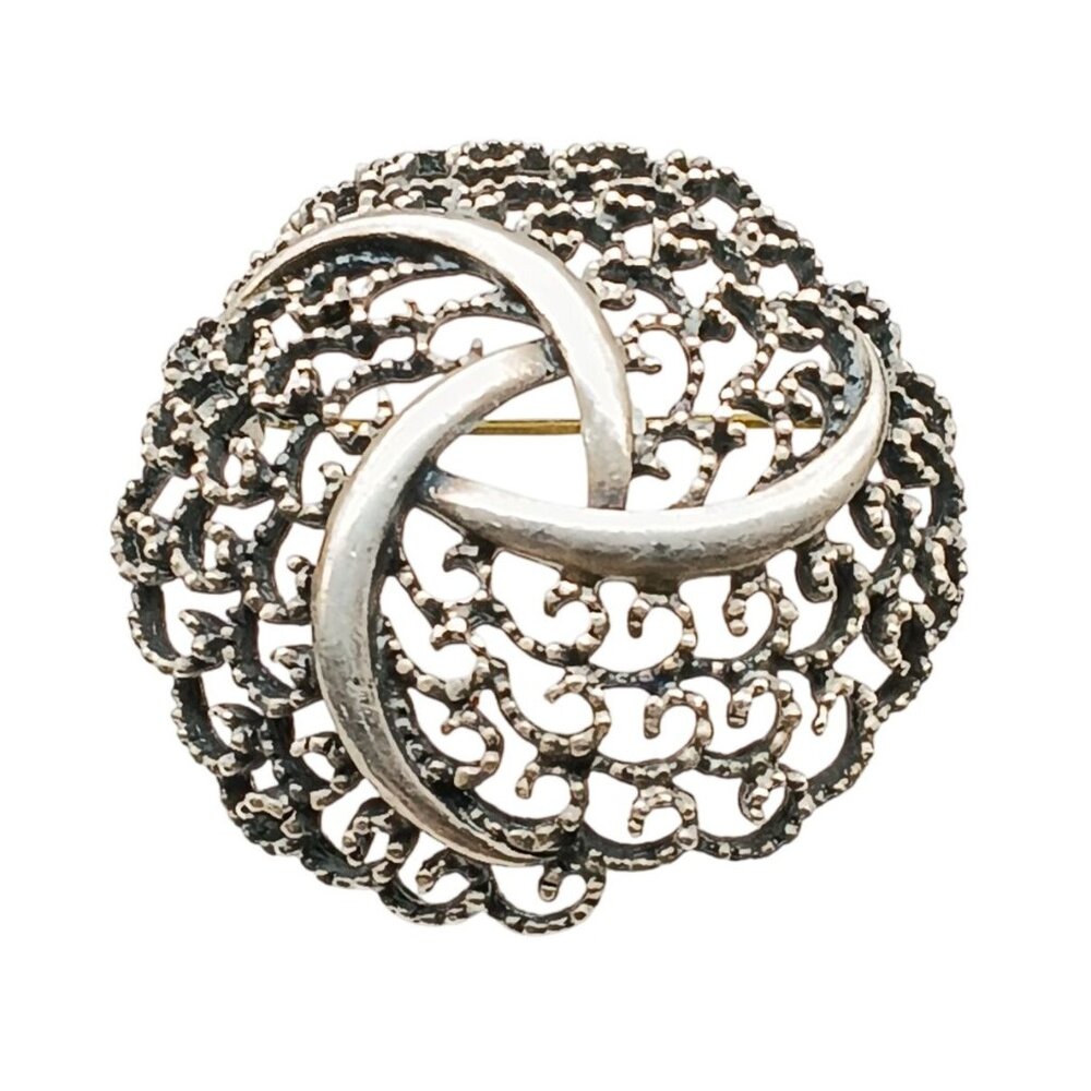 Vintage Silver Filigree Brooch Pin With Intricate Design